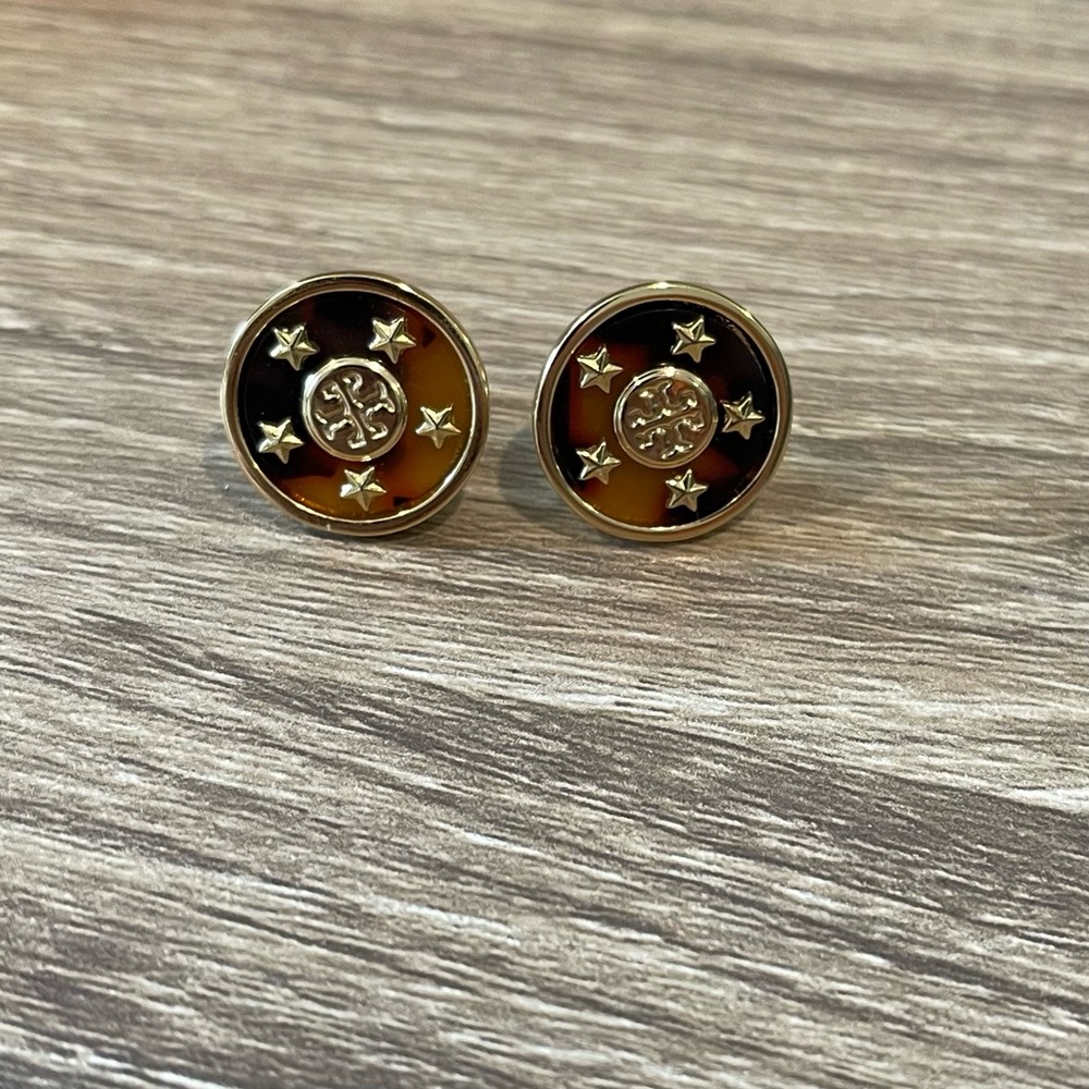 Tory Burch Tortoise Shell Circle Enamel Logo Stud Earrings